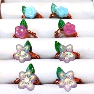 OOAK Handcrafted Glass Flower Bead and Copper Wire Rings, Bundle of 8!